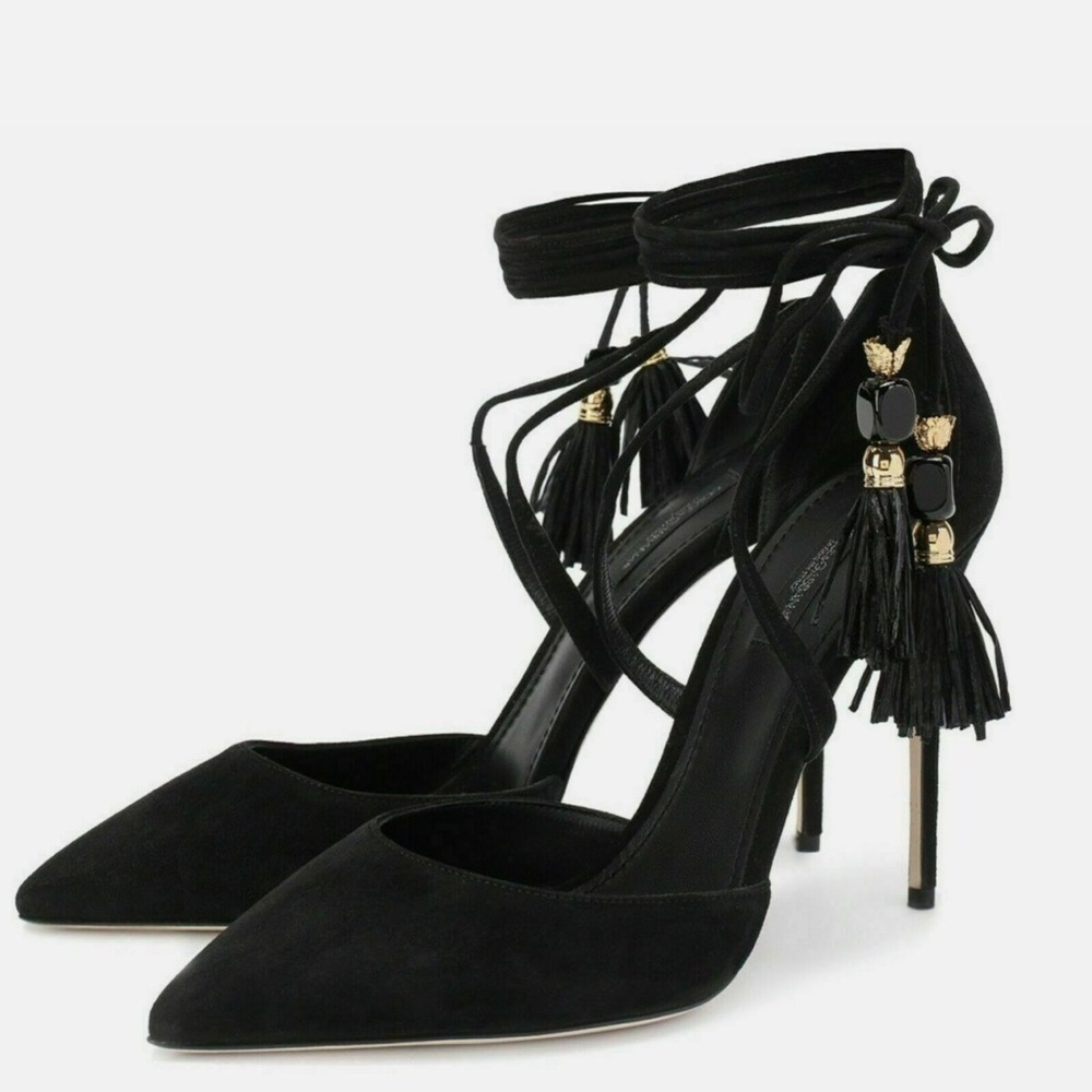 Dolce & Gabbana Black Heels with Tassels and Ankle Strap